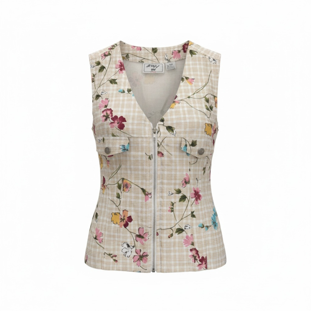 Carolina Bay Plus Vintage Size 22W Beige Plaid Floral Cotton Zip-Up Vest Cottage